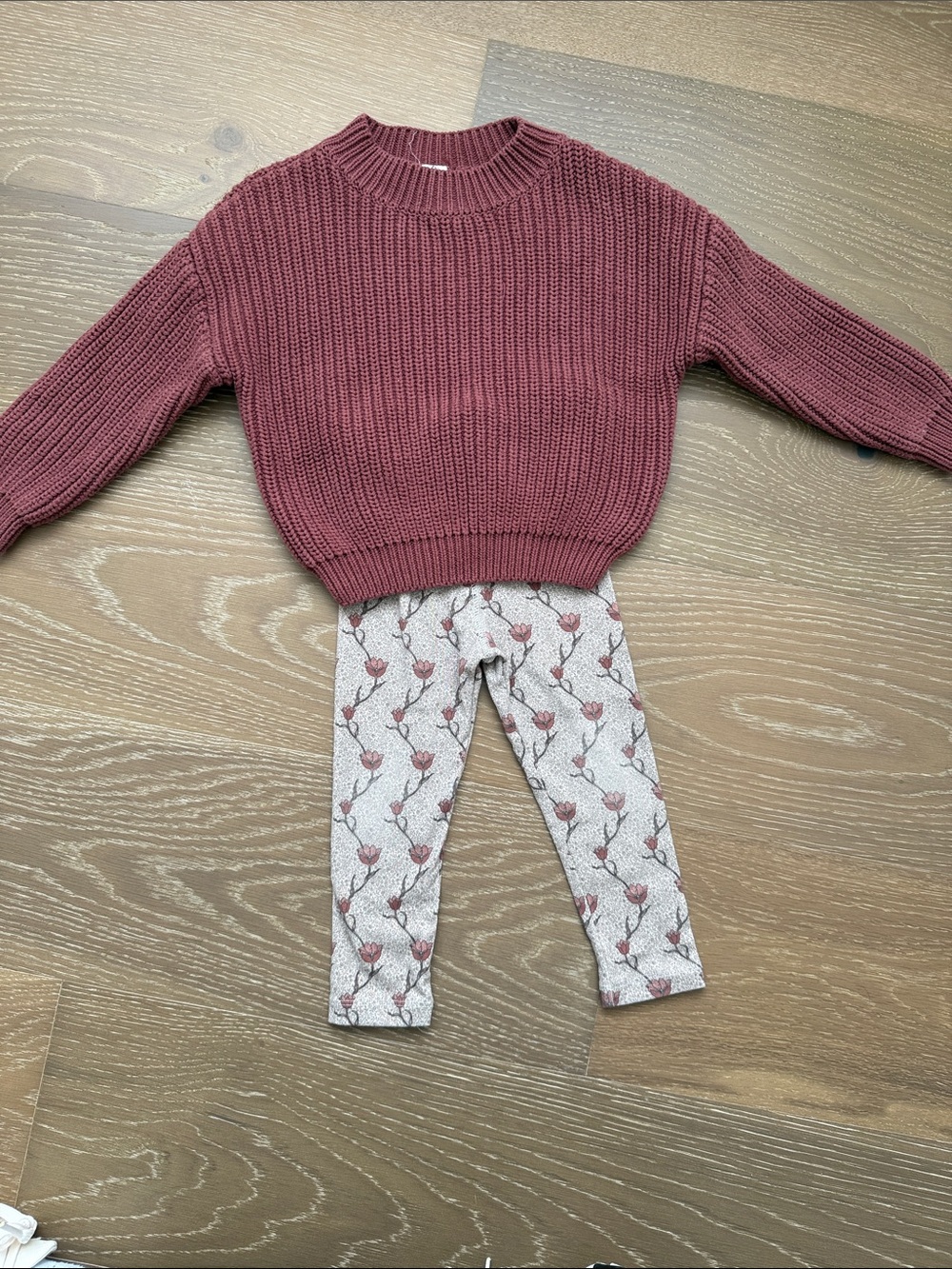 Girls Floral Print Leggings and Knit Sweater in Cream and Rose
